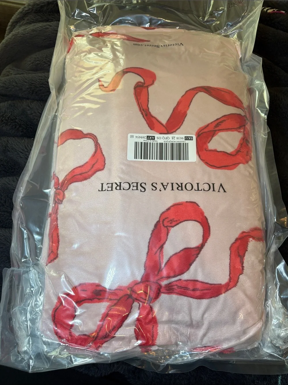 Victoria's Secret Pink Fuzzy Blanket with Red Ribbon Design